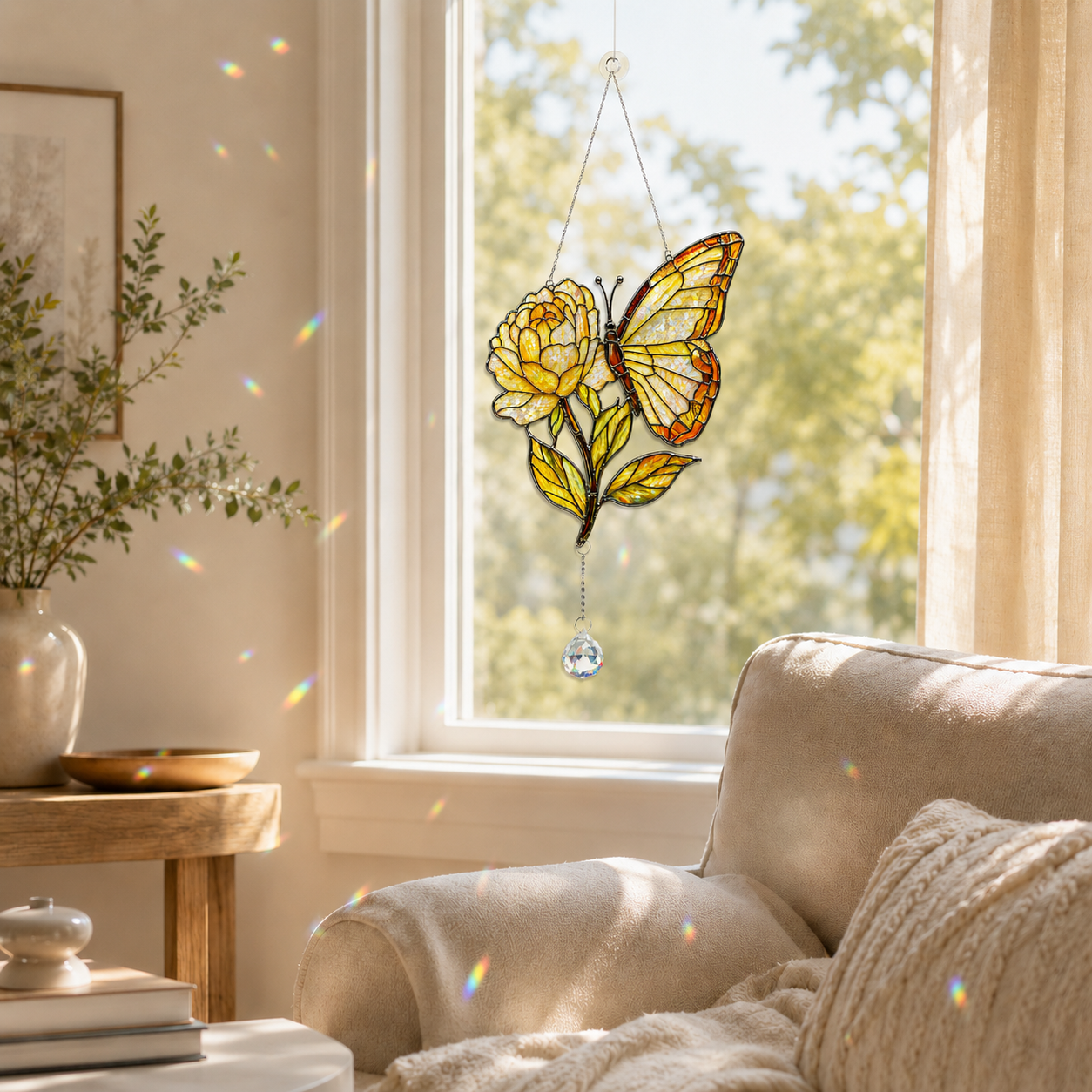 Butterfly and yellow rose hologram suncatcher hanging in a cozy living room window with warm sunlight and rainbow reflections
