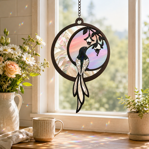 Decorative stained glass panel with a bird design hanging by a window, with flowers and a mug on a table.