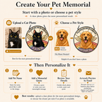 Pet memorial creation process with options to upload a photo or choose a pet style, followed by personalization steps.