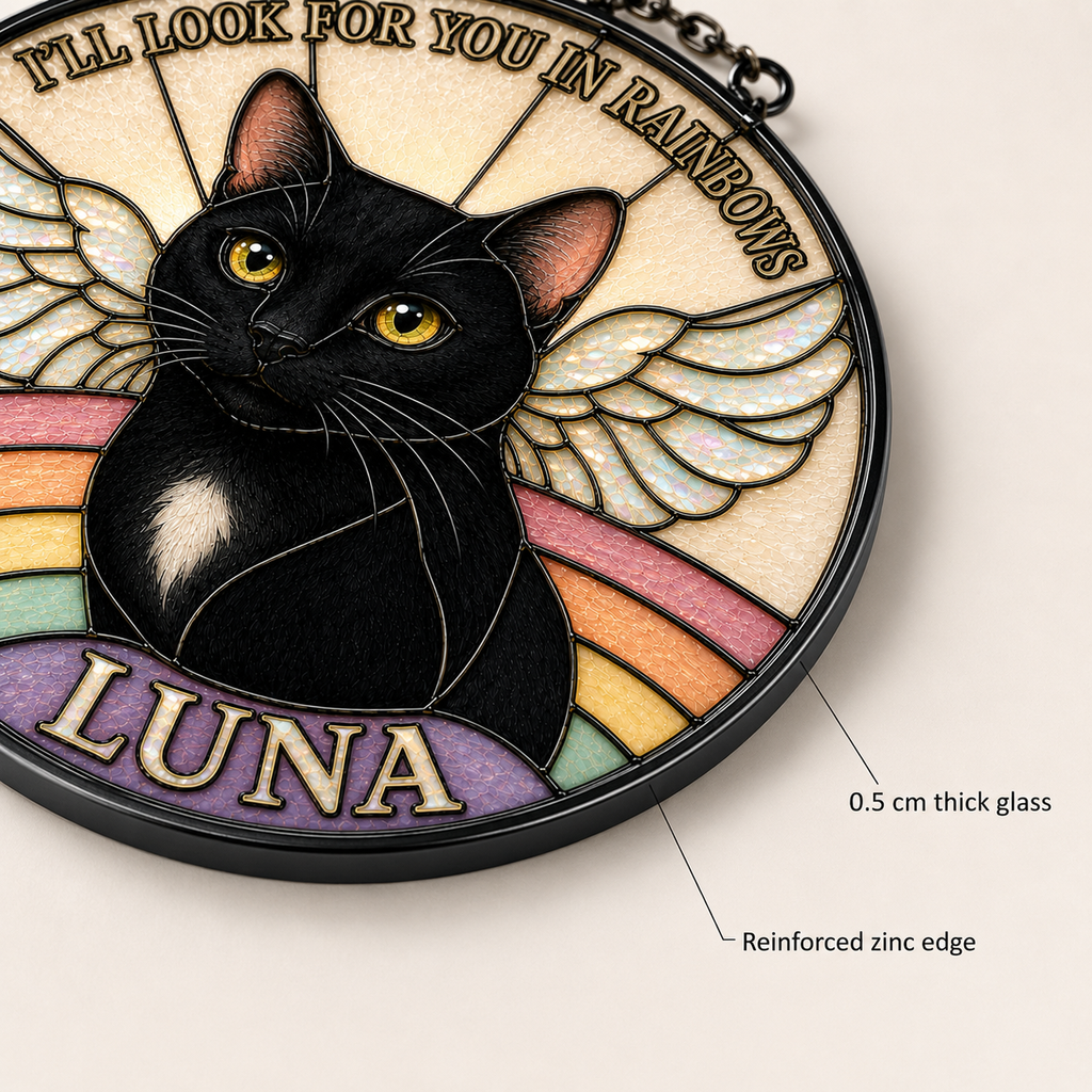 Close-up detail of a personalized black cat memorial glass suncatcher showing custom pet portrait, stained-glass style texture, angel wings, and reinforced zinc edge.