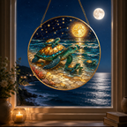 Decorative stained glass panel of turtles in a window with ocean view