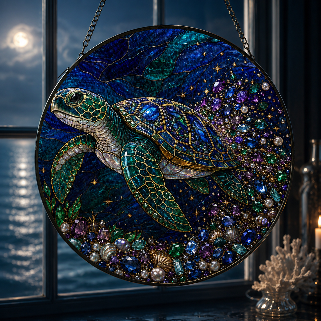 Decorative stained glass panel with a turtle design against a dark background