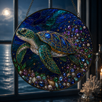 Decorative stained glass panel with a turtle design against a dark background