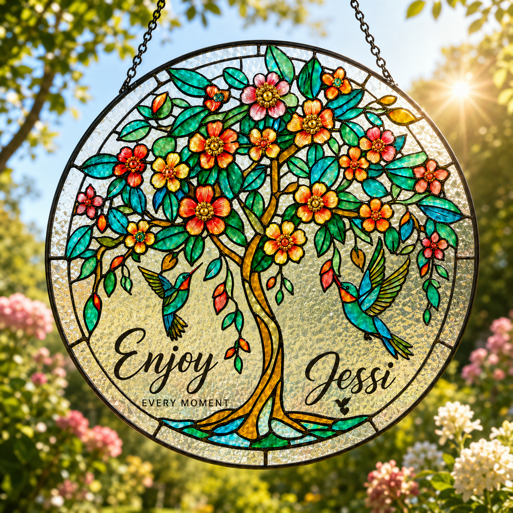 Decorative stained glass panel with floral design and text 'Enjoy Every Moment Jessi' against a natural background.