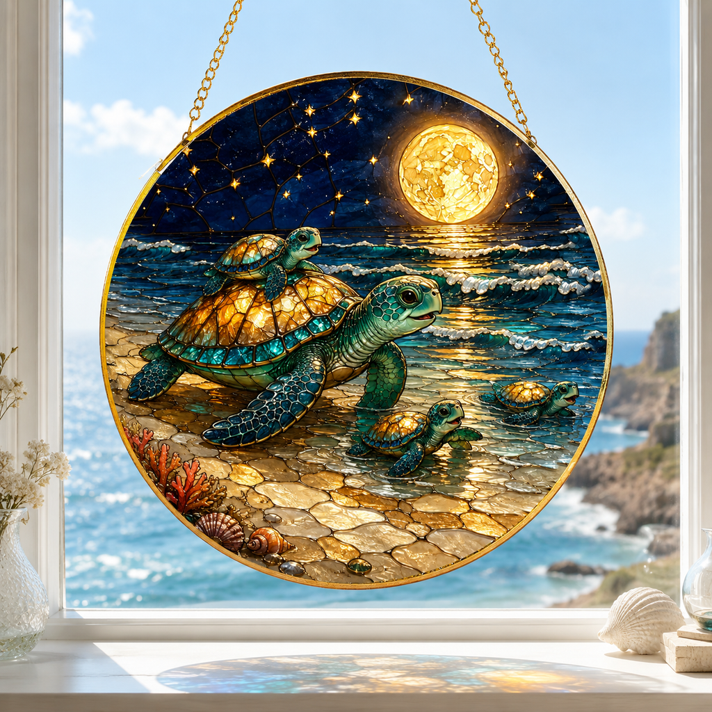 Decorative stained glass panel with turtles by a window