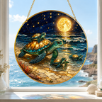Decorative stained glass panel with turtles by a window