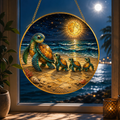 Decorative wall art of turtles on a beach with a starry night sky.