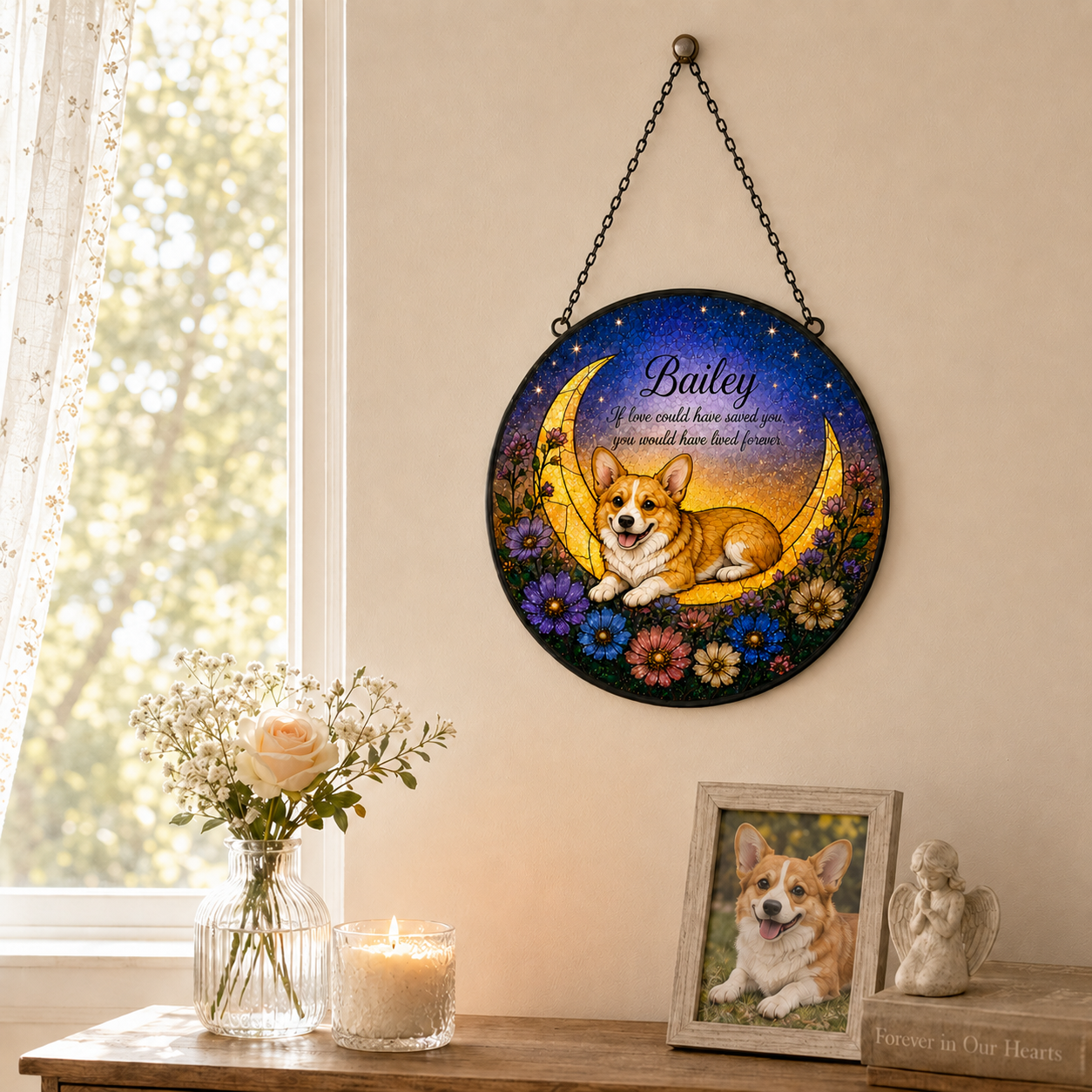 Decorative wall hanging with a dog illustration and 'Bailey' text, placed on a shelf with a candle and flowers.