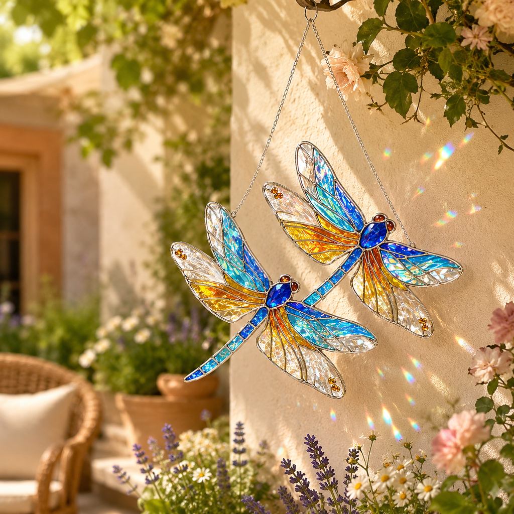 Double Dragonfly holographic acrylic suncatcher hanging in a sunny garden patio, catching rainbow light reflections.