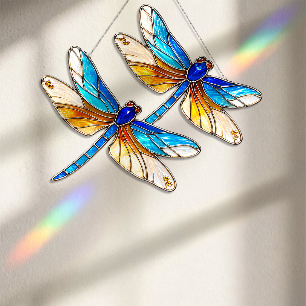 Double Dragonfly Suncatcher Acrylic Stained Glass Window Hanging