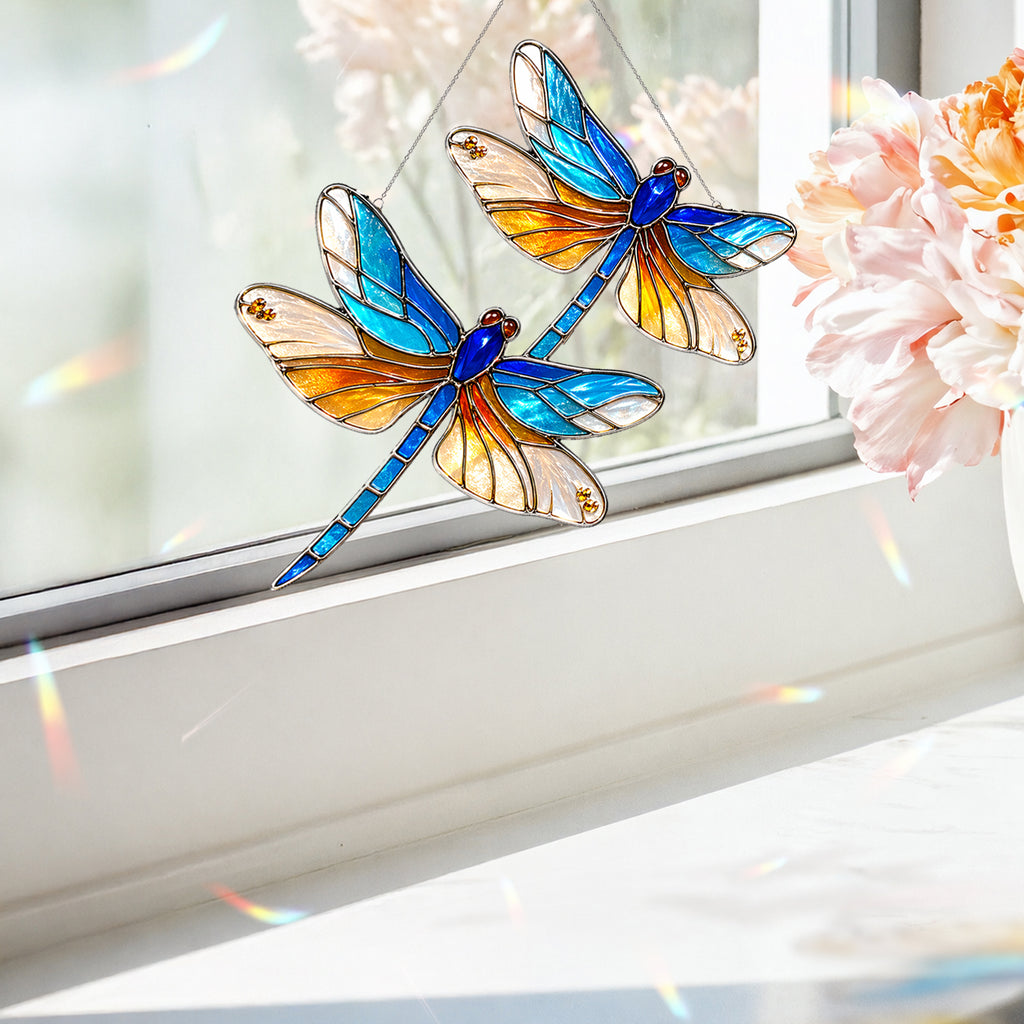 Double Dragonfly Suncatcher Acrylic Stained Glass Window Hanging