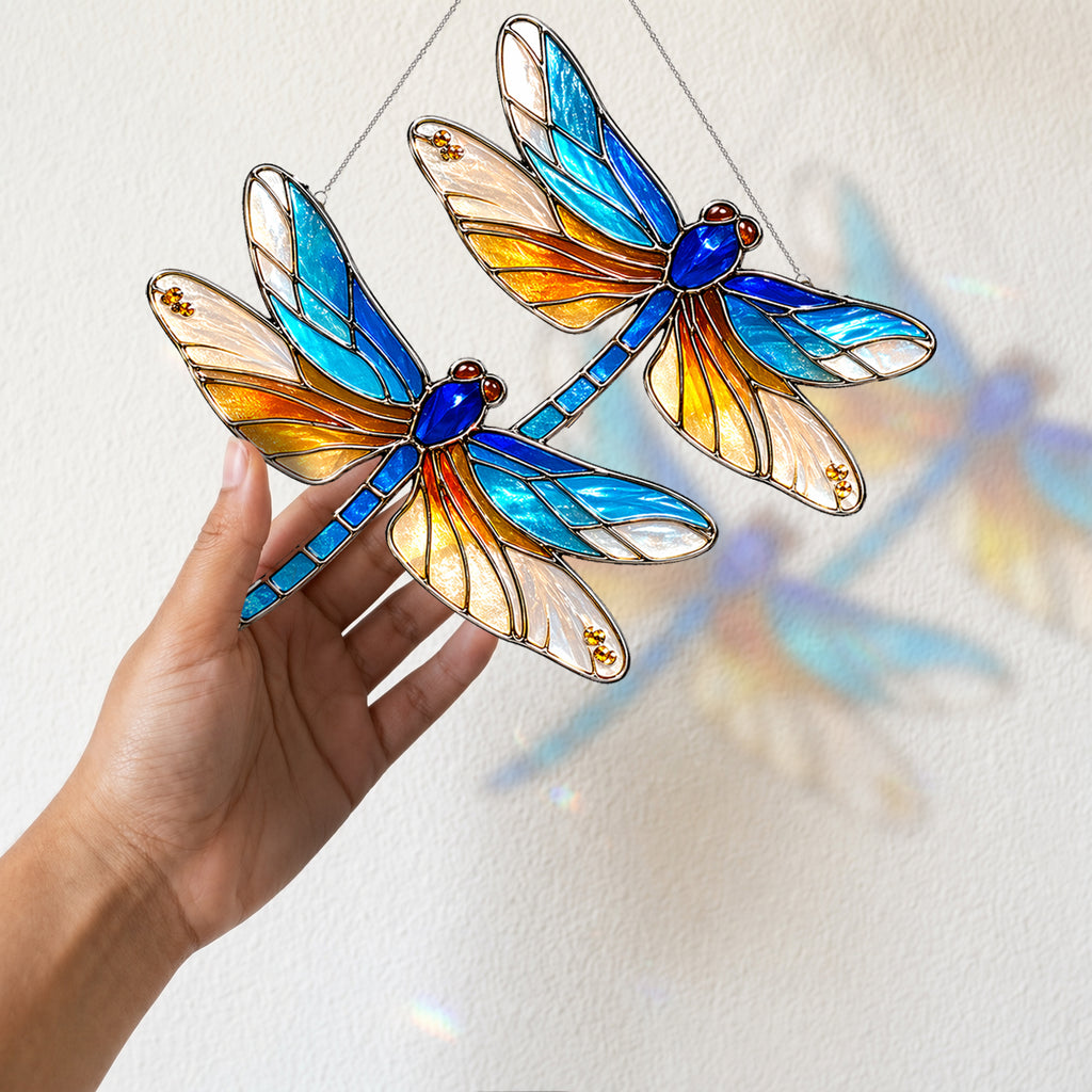 Double Dragonfly Suncatcher Acrylic Stained Glass Window Hanging
