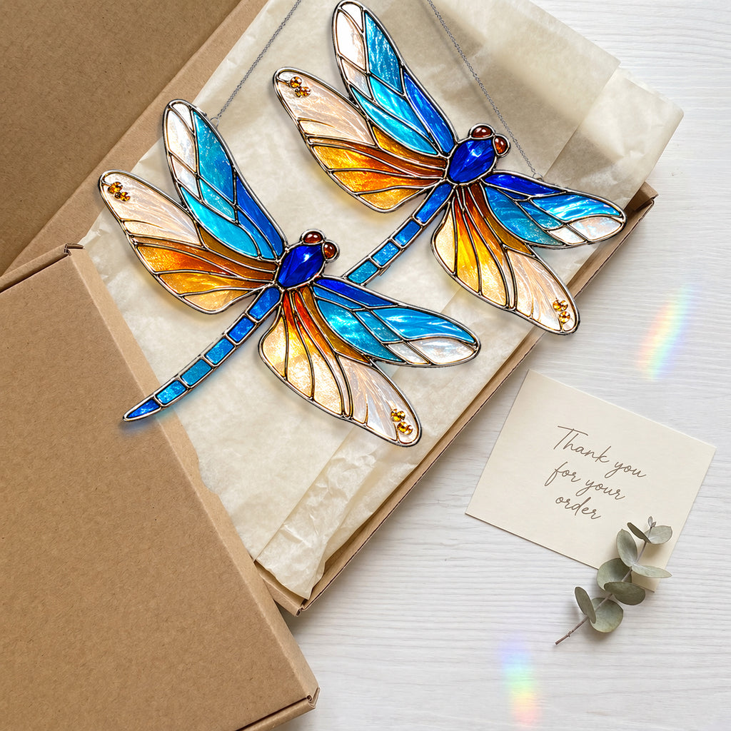 Double Dragonfly Suncatcher Acrylic Stained Glass Window Hanging