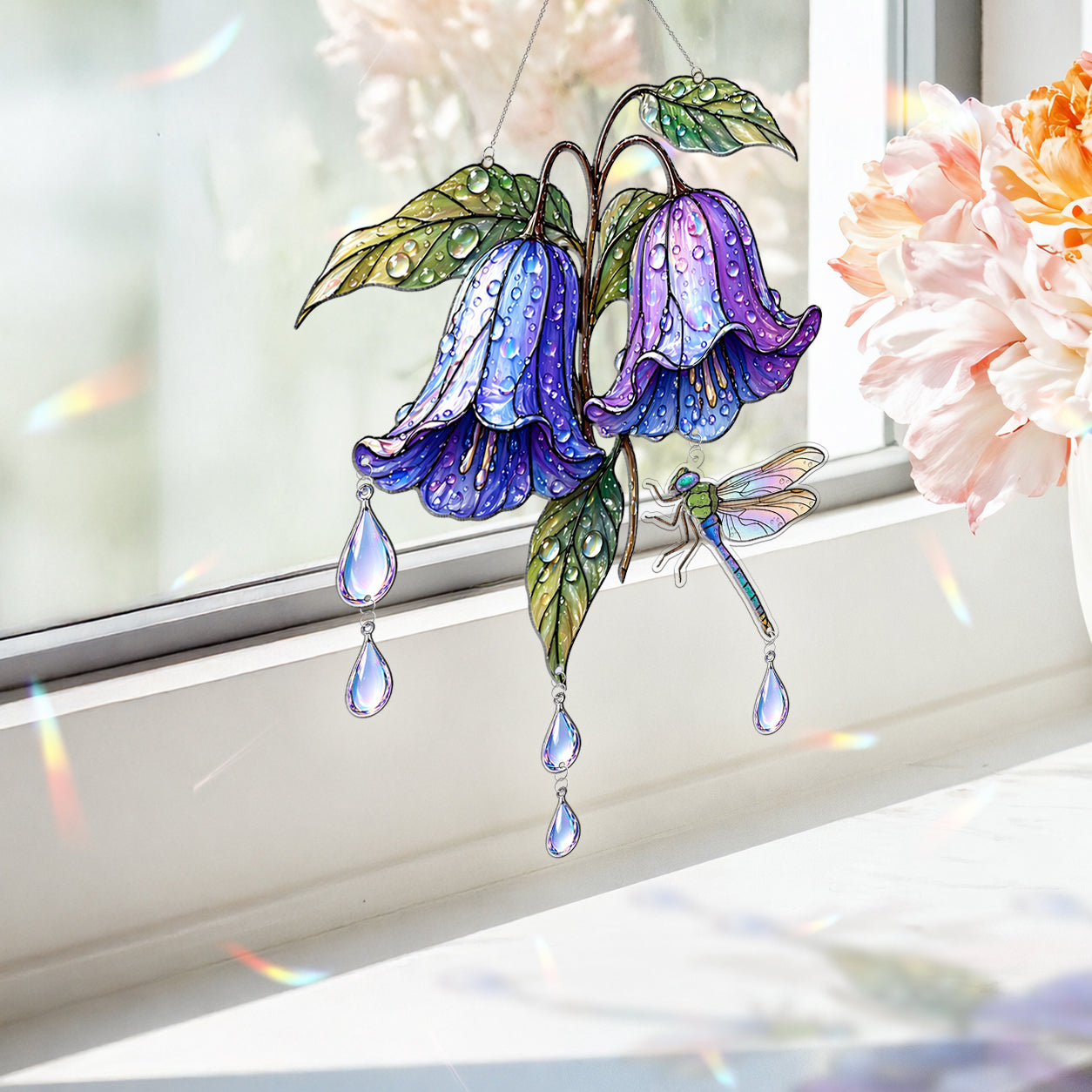 Flower Dragonfly Suncatcher Acrylic Stained Glass Window Hanging