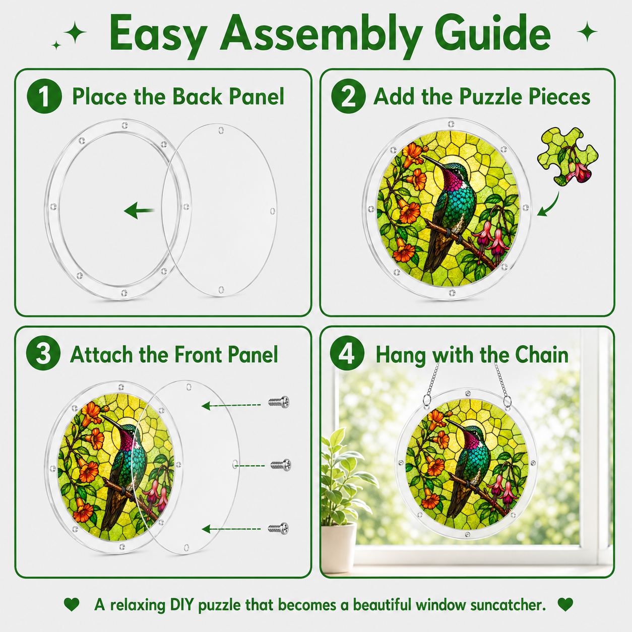 Step-by-step assembly guide for a stained glass-style window suncatcher with a hummingbird design.