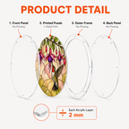 Product detail diagram showing chain, acrylic layers, screw set, and assembly structure of acrylic puzzle suncatcher