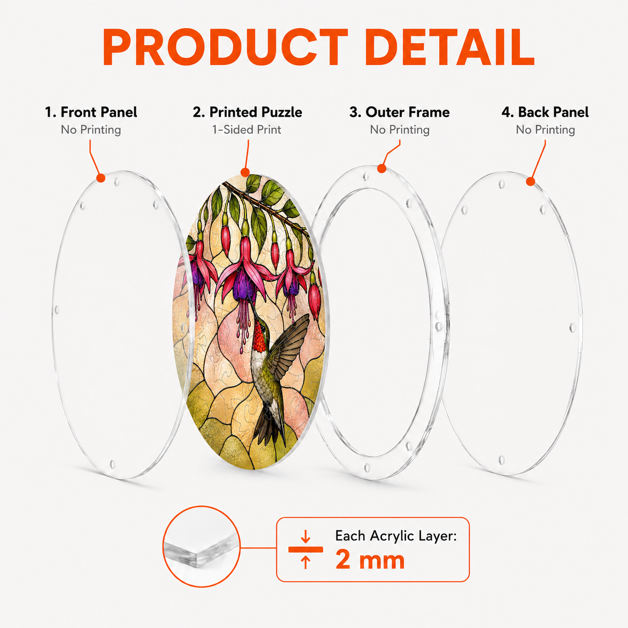 Product detail diagram showing chain, acrylic layers, screw set, and assembly structure of acrylic puzzle suncatcher
