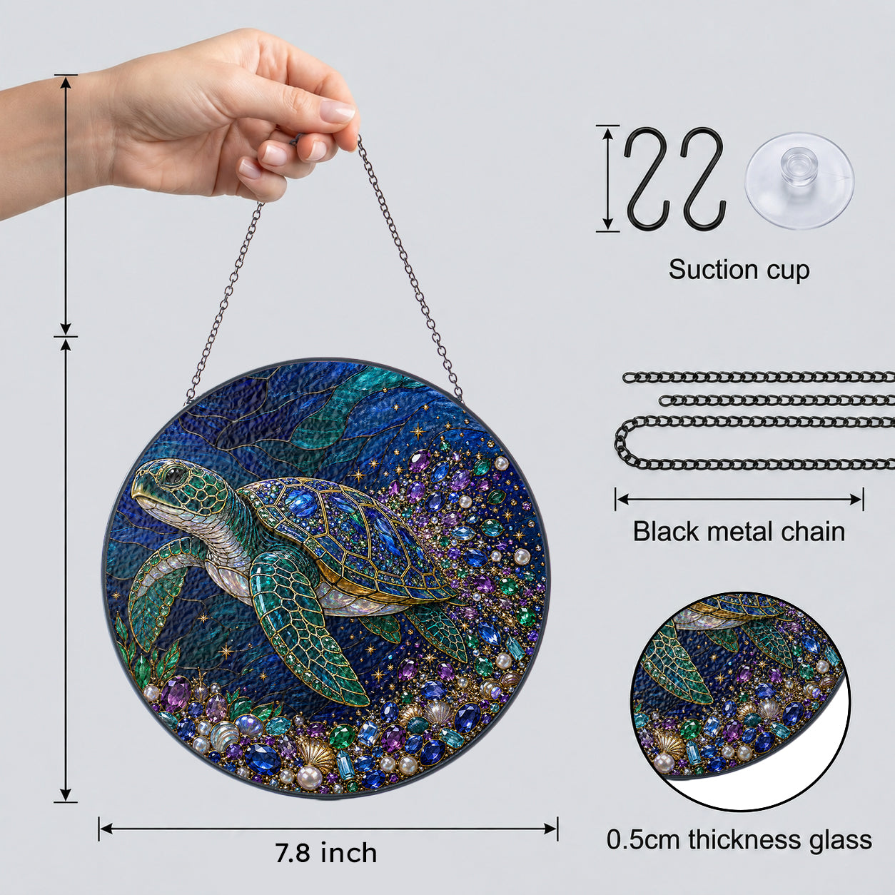 Sea turtle stained glass window suncatcher with black metal chain, suction cup, 7.8 inch size and 0.5 cm glass thickness