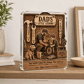 Personalized Dad's Little Lessons acrylic plaque with kids names and handyman workshop scene