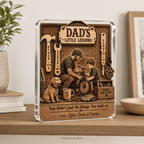Personalized Dad's Little Lessons acrylic plaque with kids names and handyman workshop scene