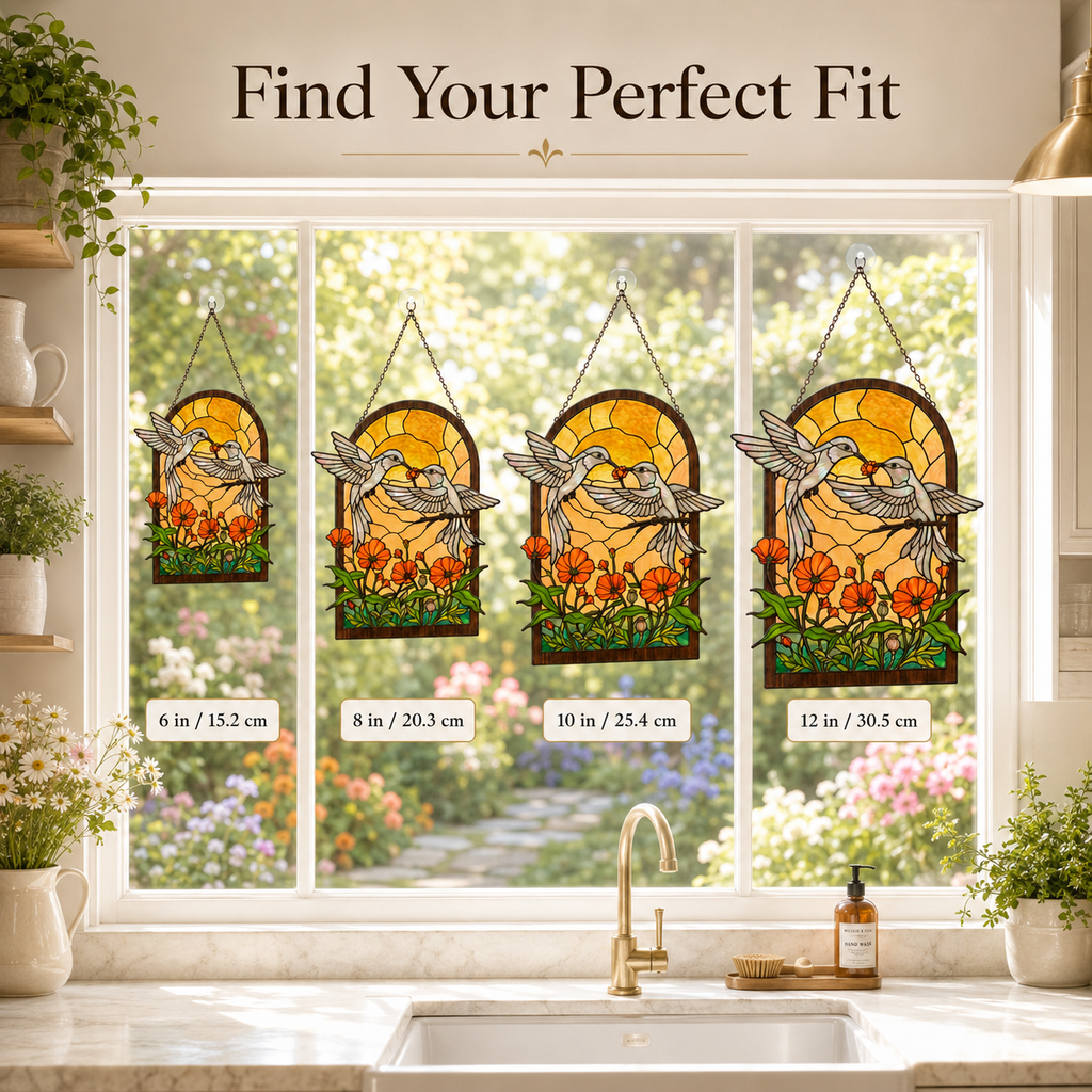 Size guide for the hummingbird poppy garden suncatcher showing 6 in, 8 in, 10 in, and 12 in options displayed in a kitchen window.