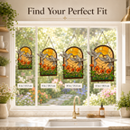 Size guide for the hummingbird poppy garden suncatcher showing 6 in, 8 in, 10 in, and 12 in options displayed in a kitchen window.