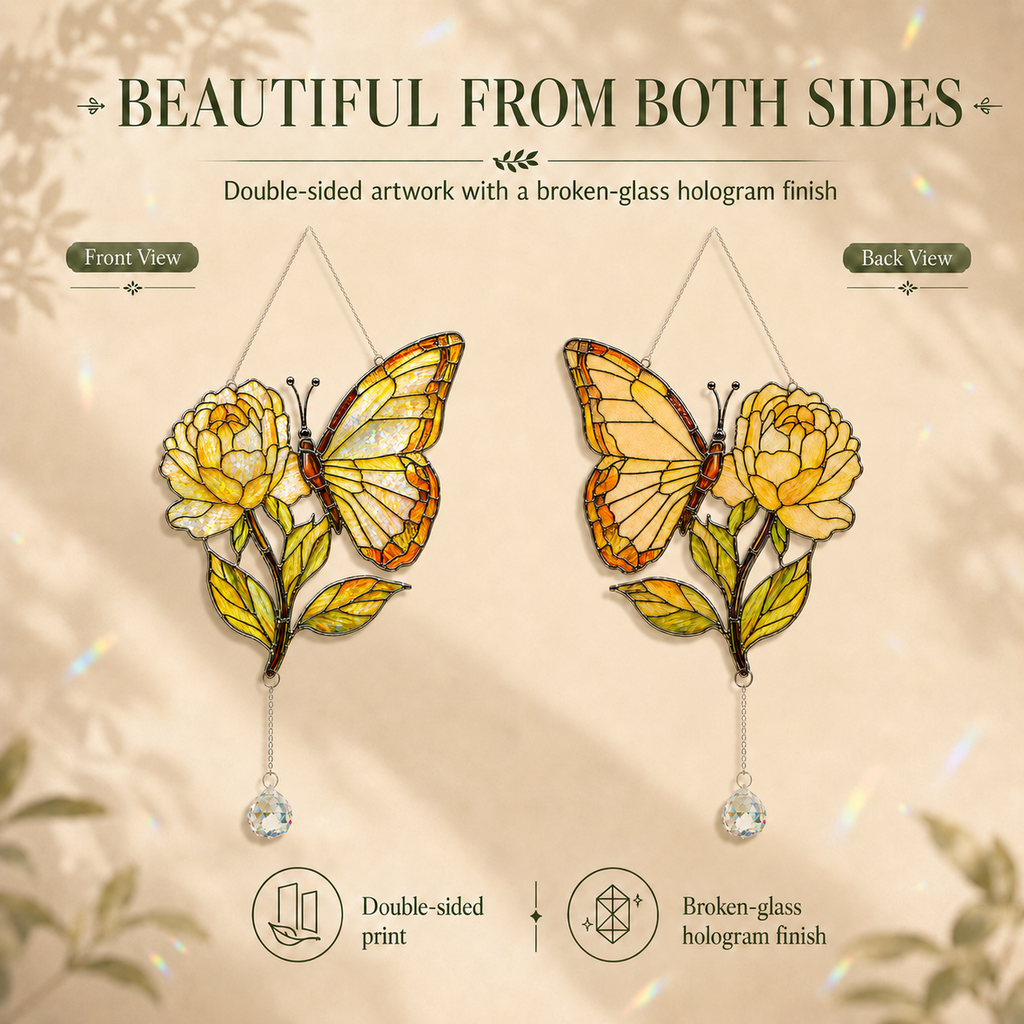 Front and back view of butterfly yellow rose double-sided acrylic suncatcher with broken-glass hologram front and rustic matte back