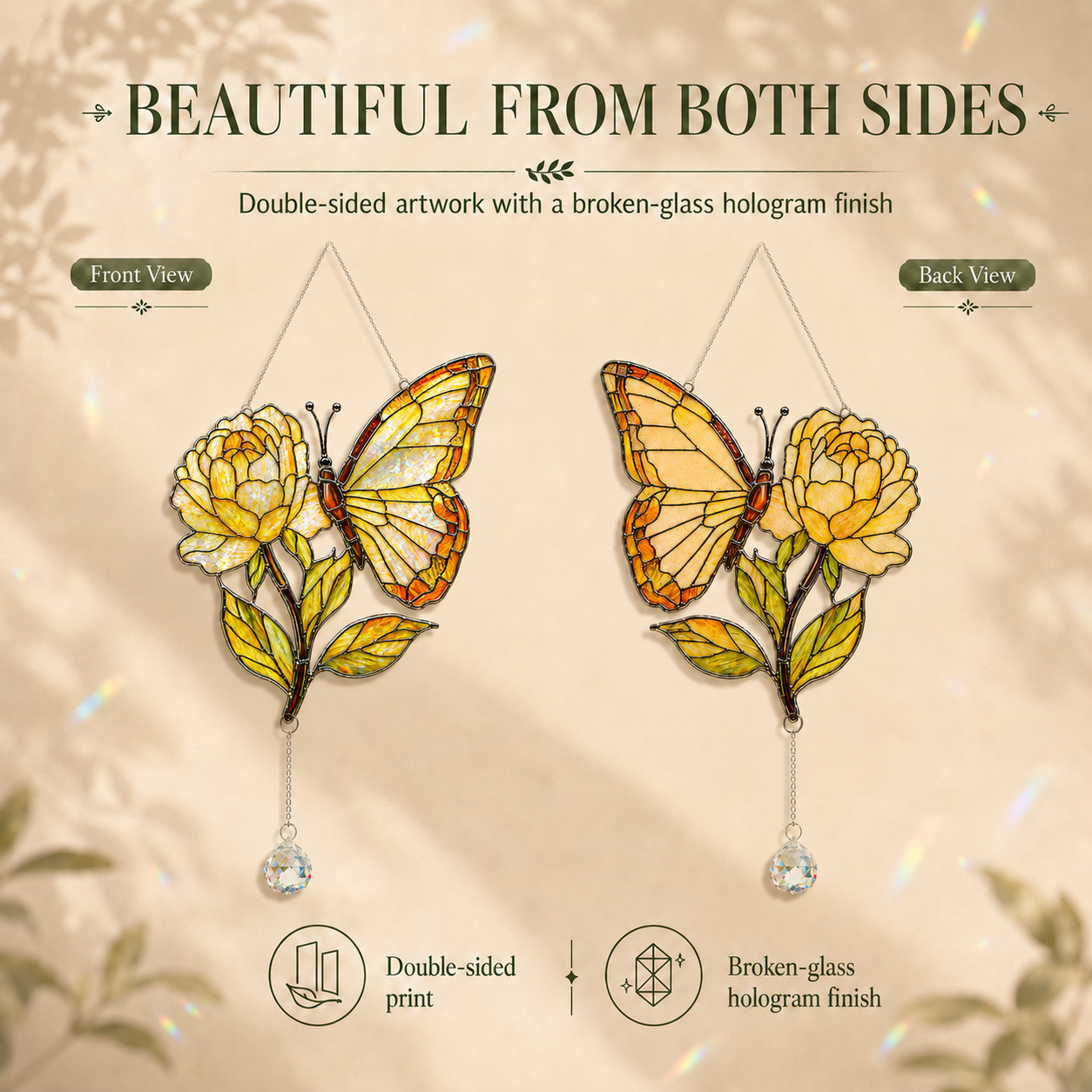 Front and back view of butterfly yellow rose double-sided acrylic suncatcher with broken-glass hologram front and rustic matte back