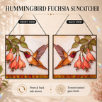 Comparison image showing the front view and back view of the hummingbird fuchsia stained glass suncatcher, highlighting both sides of the design.
