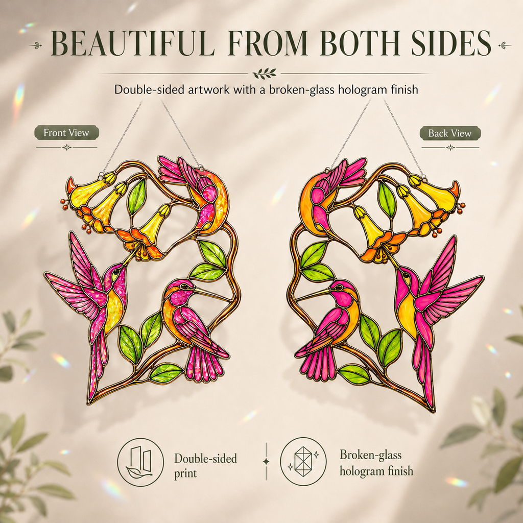 Double-sided artwork of hummingbirds and flowers with a broken-glass hologram finish on a beige background.