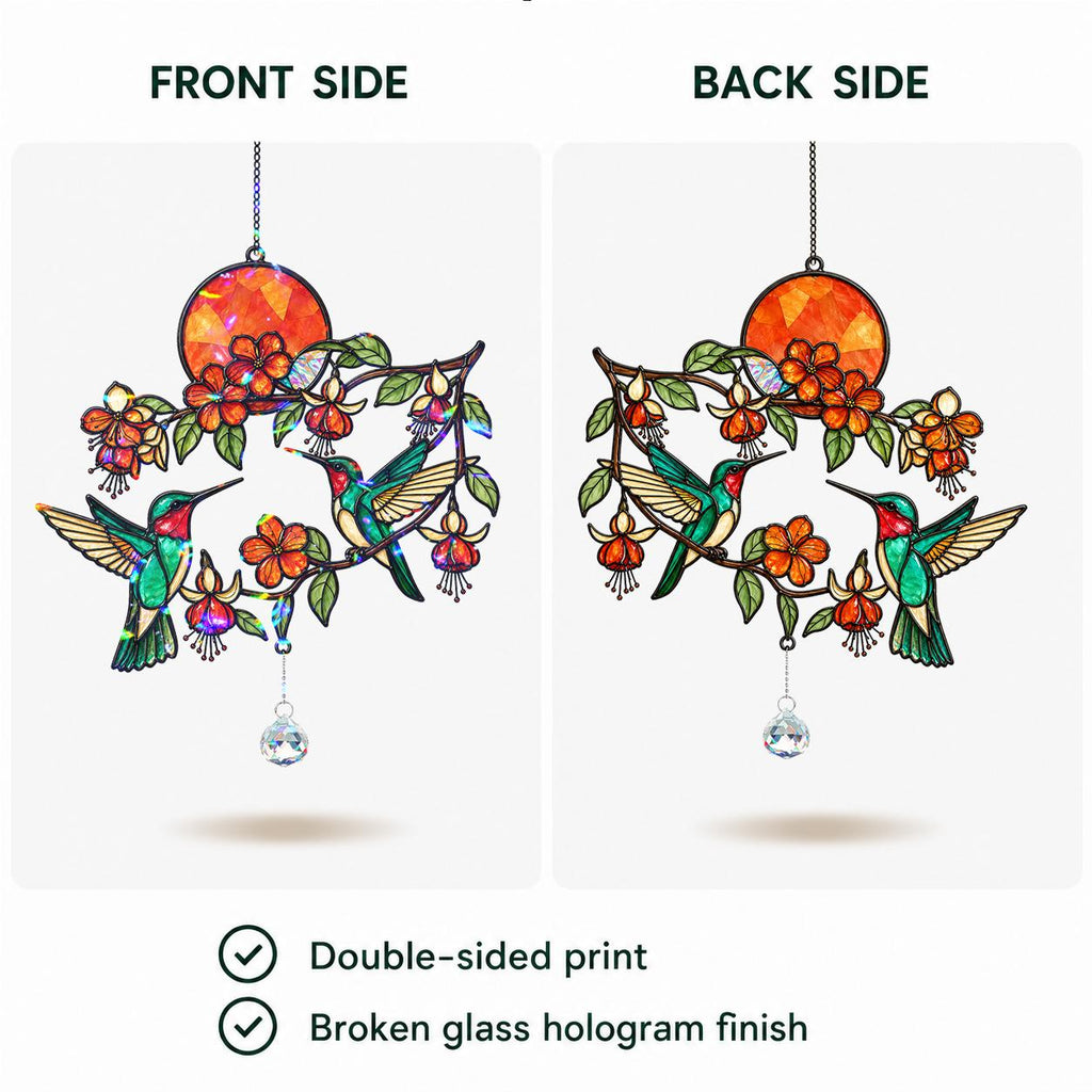 Front and back view of double-sided hummingbird holographic acrylic suncatcher