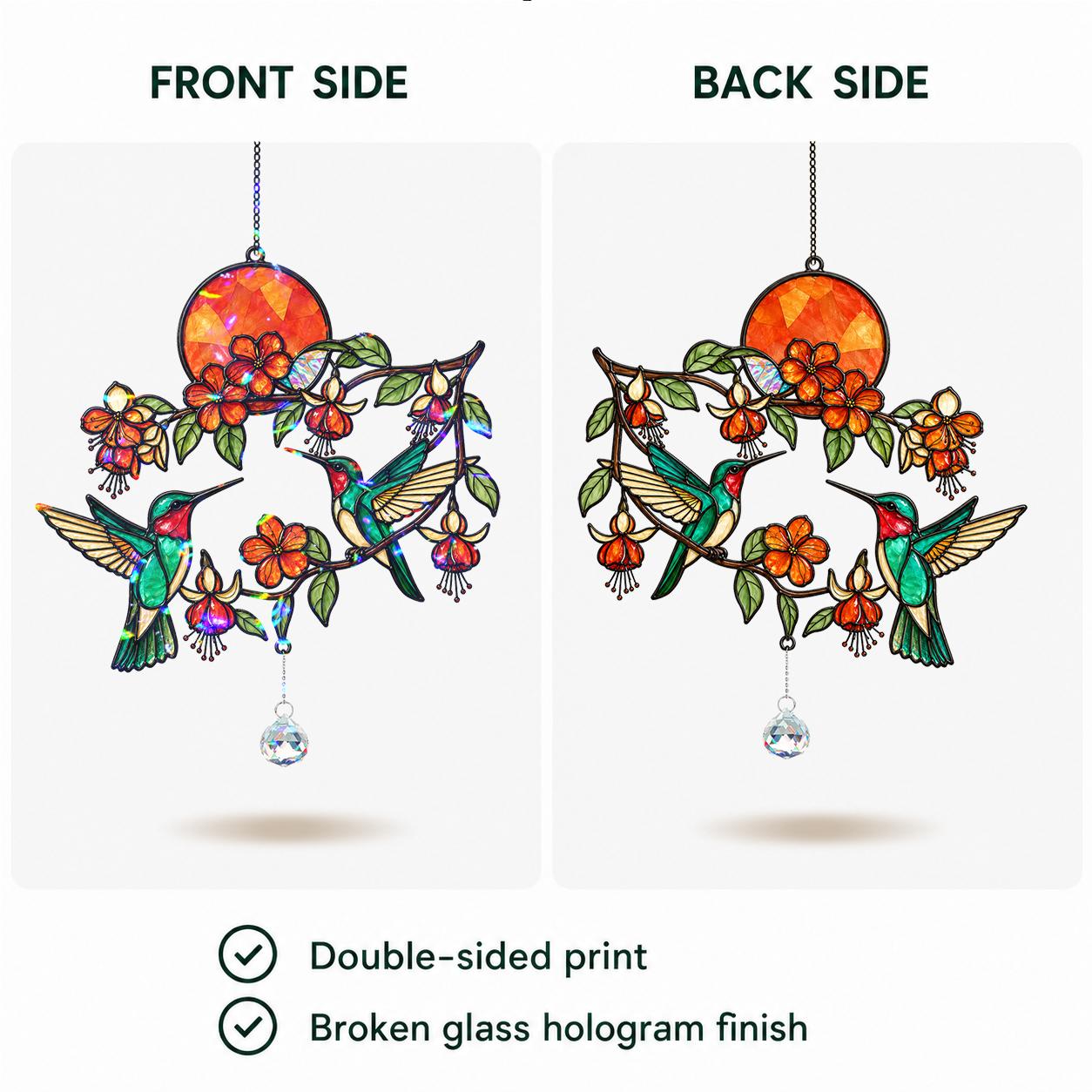 Front and back view of double-sided hummingbird holographic acrylic suncatcher