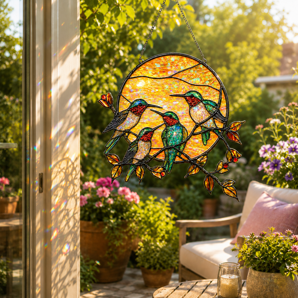 Hummingbird sun holographic suncatcher hanging near a garden patio with flowers, greenery, and sunlight reflections