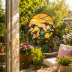 Hummingbird sun holographic suncatcher hanging near a garden patio with flowers, greenery, and sunlight reflections