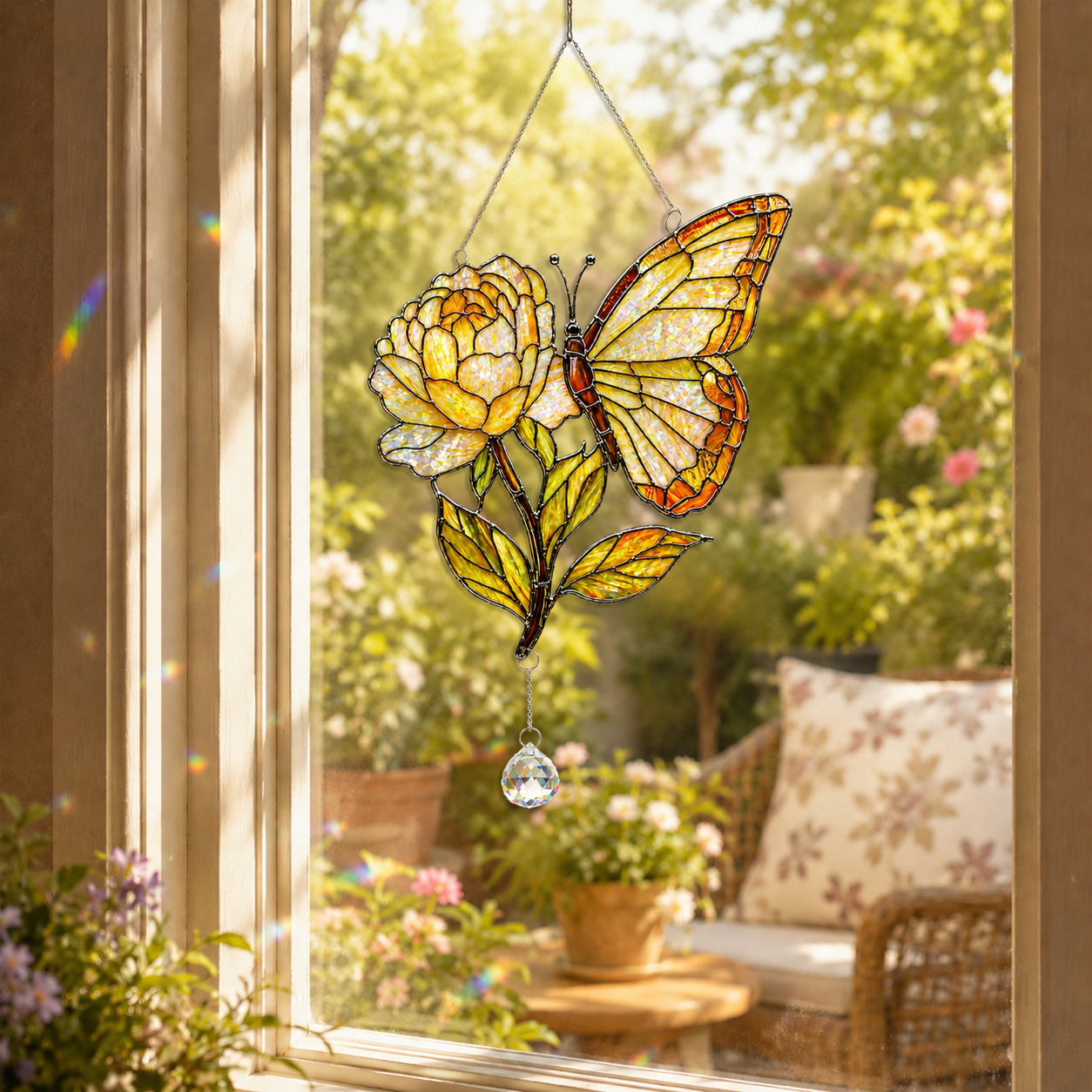 Butterfly yellow rose broken-glass hologram suncatcher hanging by a sunny patio window with garden flowers and crystal prism