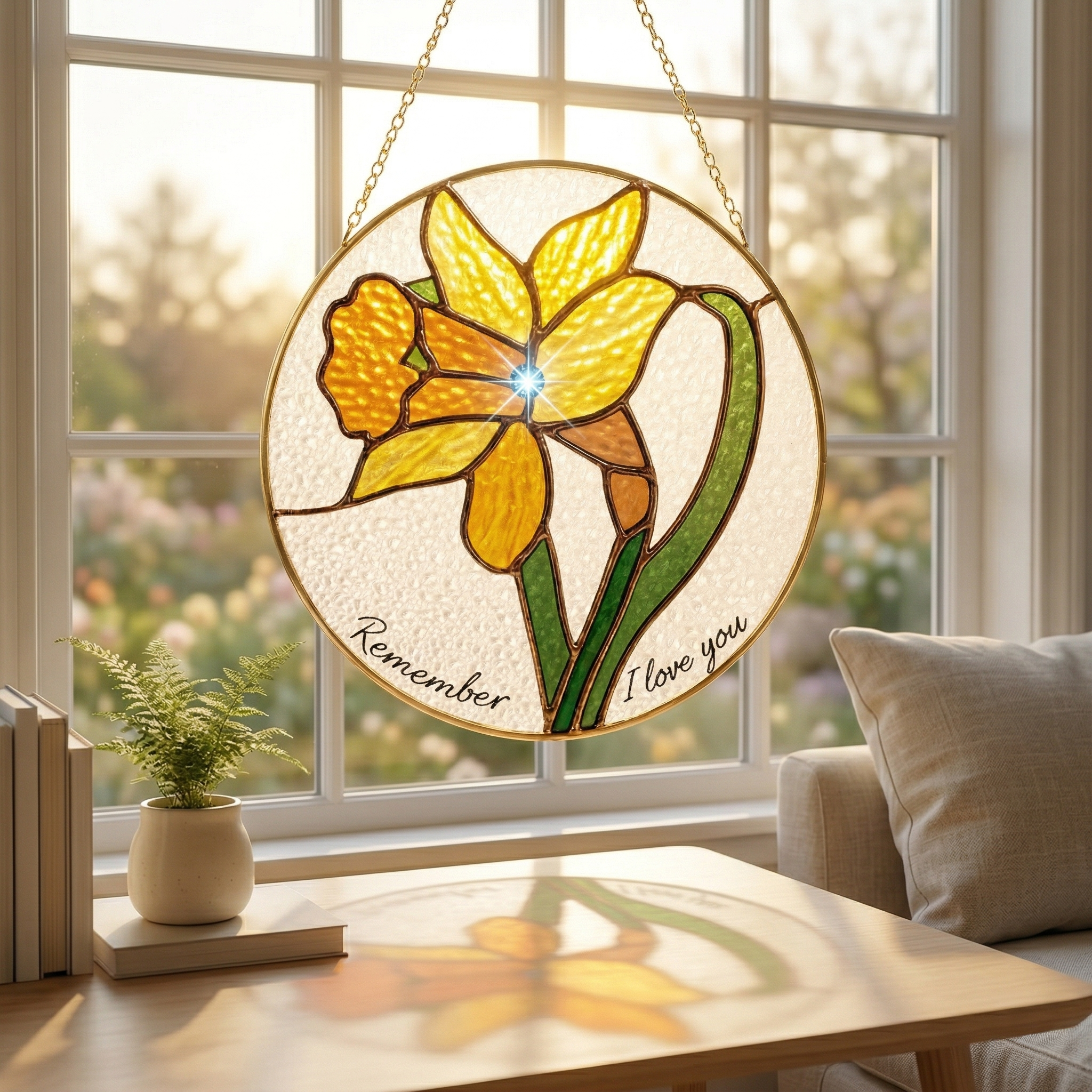 Personalized Stained Glass Suncatcher, Custom Flower Sun Catcher with Name or Quote, Handmade Hanging Window Panel Gift for Mom, Memorial, Birthday, Housewarming Decor