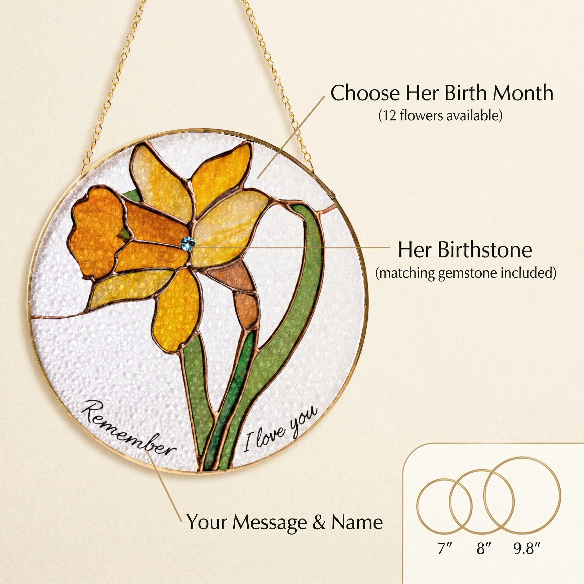 Personalized Stained Glass Suncatcher, Custom Flower Sun Catcher with Name or Quote, Handmade Hanging Window Panel Gift for Mom, Memorial, Birthday, Housewarming Decor