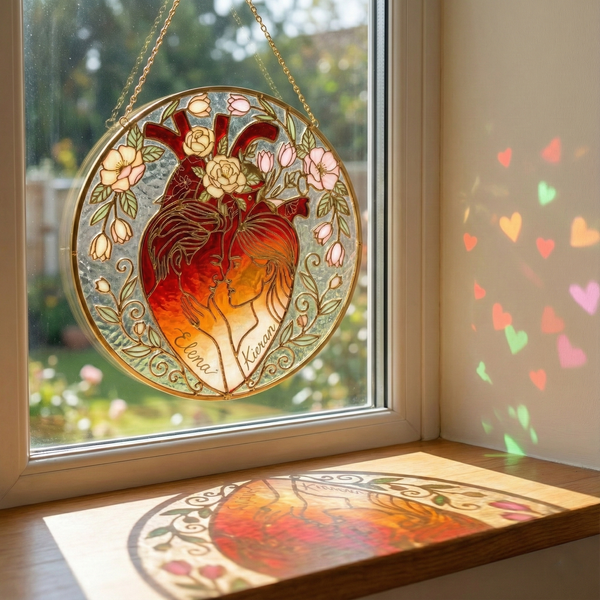 Personalized Stained Glass Suncatcher for Couple, Custom Name Heart Hanging Window