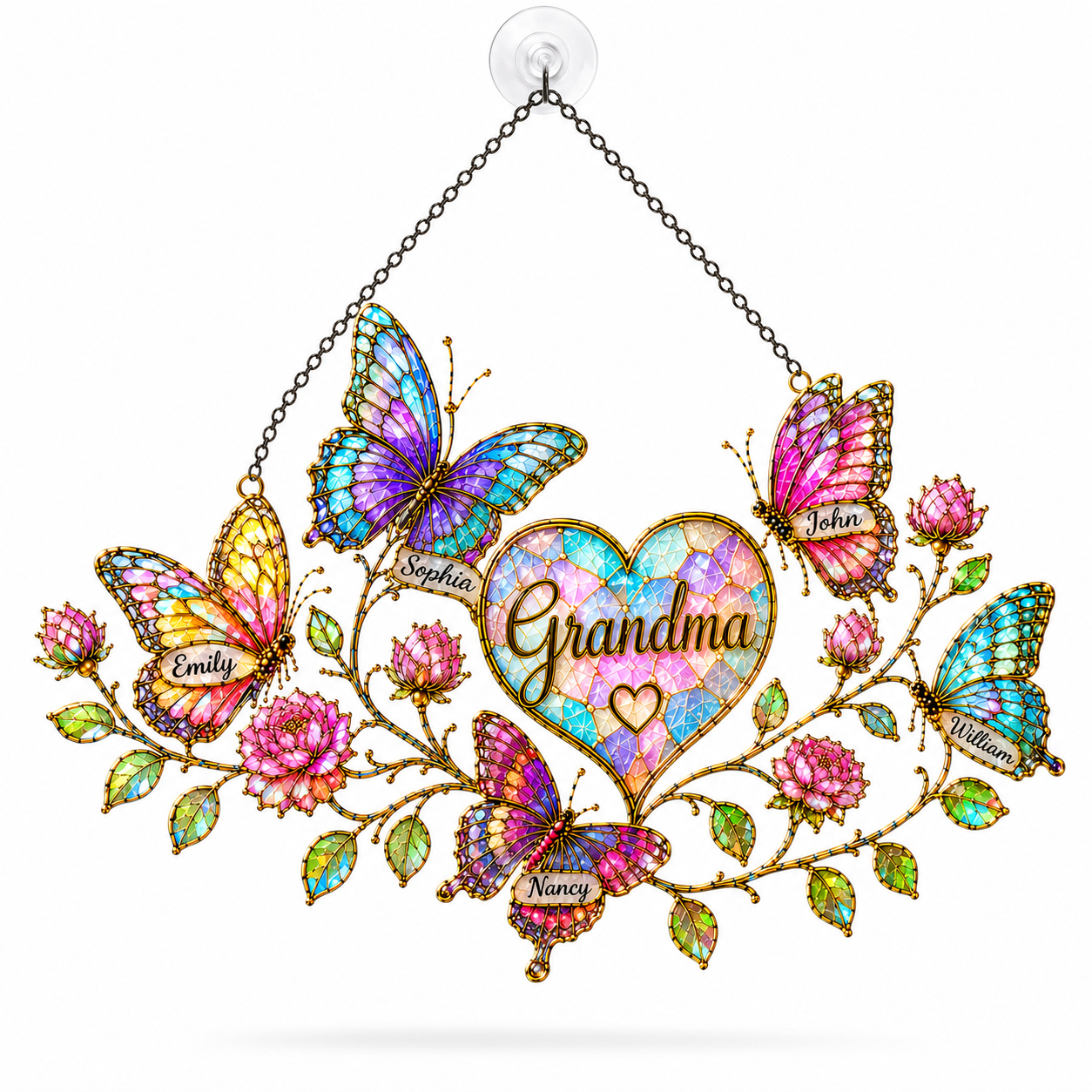 Personalized Grandma Butterfly & Heart Holographic Acrylic Suncatcher