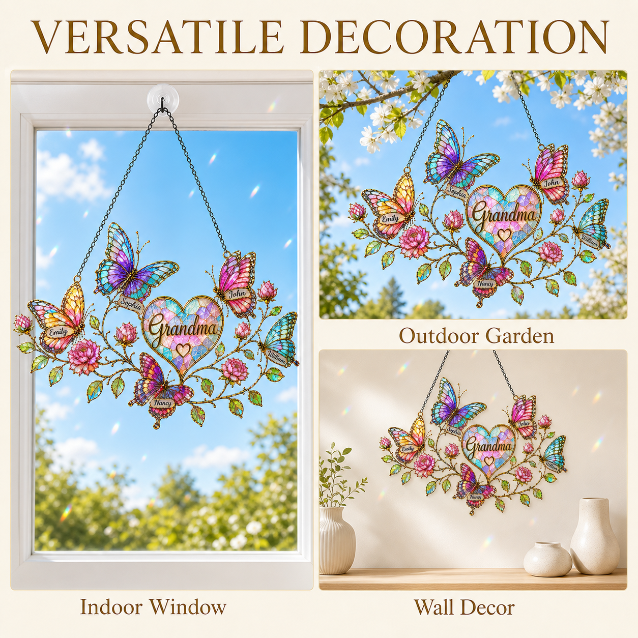 Personalized Grandma Butterfly & Heart Holographic Acrylic Suncatcher