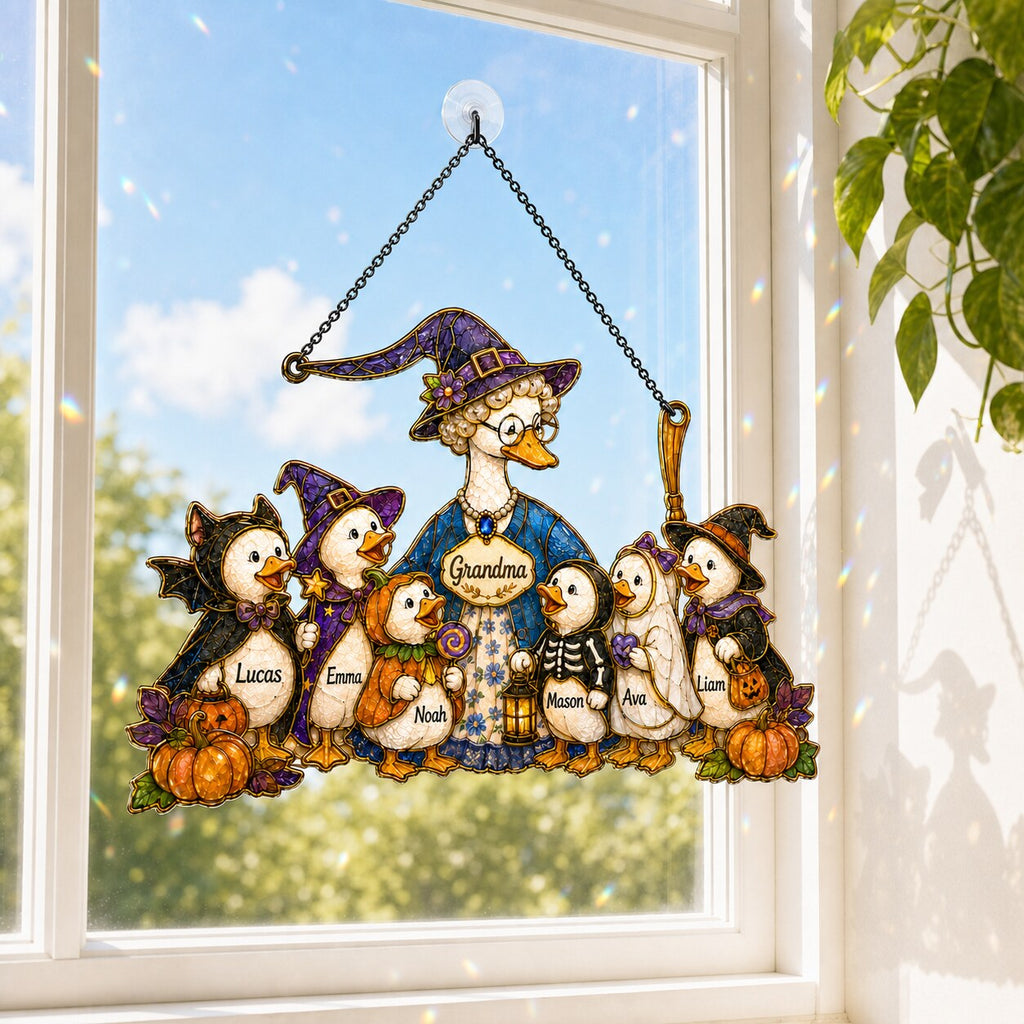 Personalized Grandma Goose & Grandkids Halloween Holographic Acrylic Suncatcher