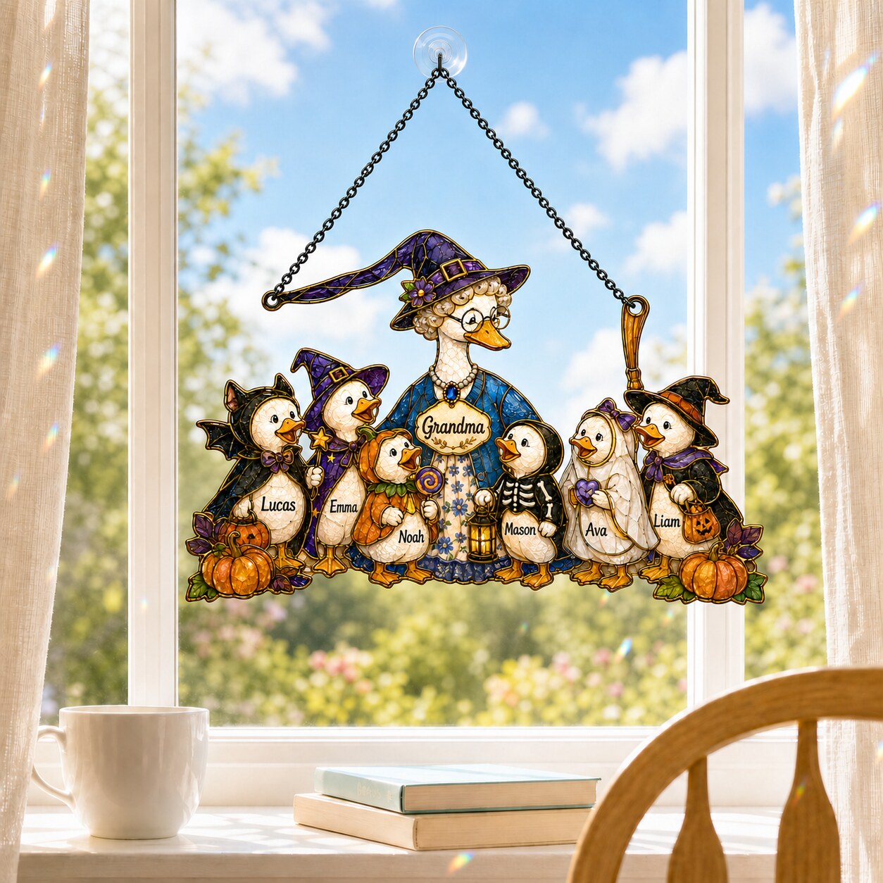 Personalized Grandma Goose & Grandkids Halloween Holographic Acrylic Suncatcher