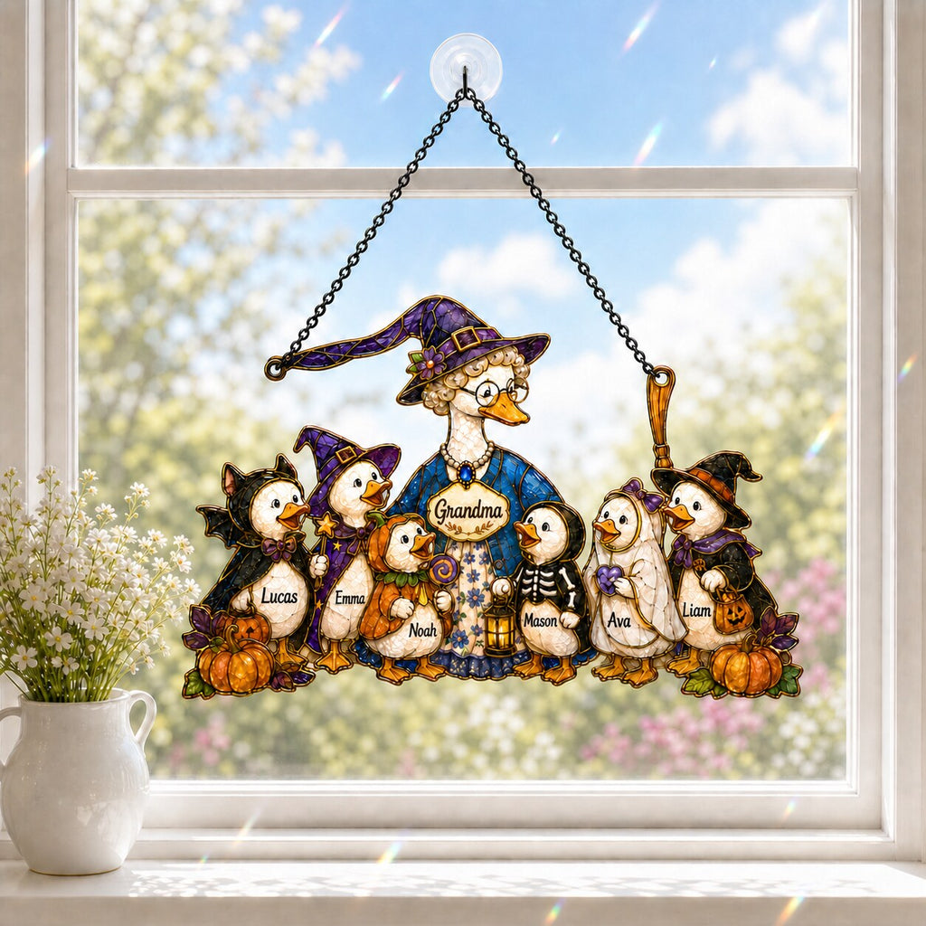 Personalized Grandma Goose & Grandkids Halloween Holographic Acrylic Suncatcher