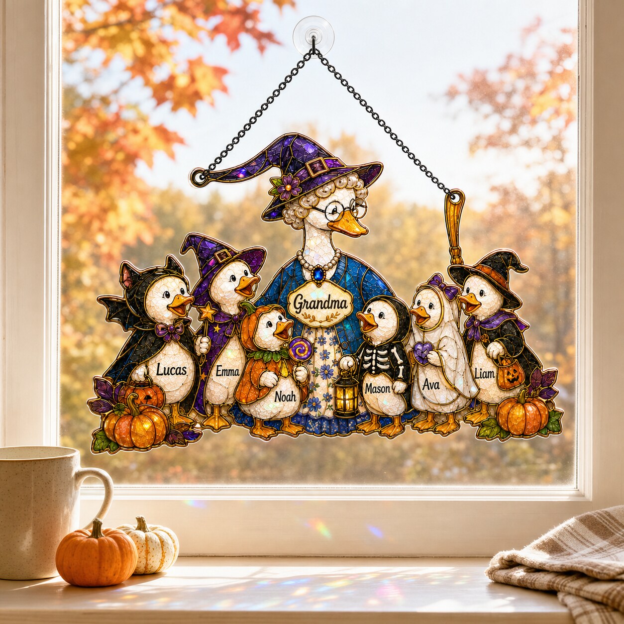 Personalized Grandma Goose & Grandkids Halloween Holographic Acrylic Suncatcher