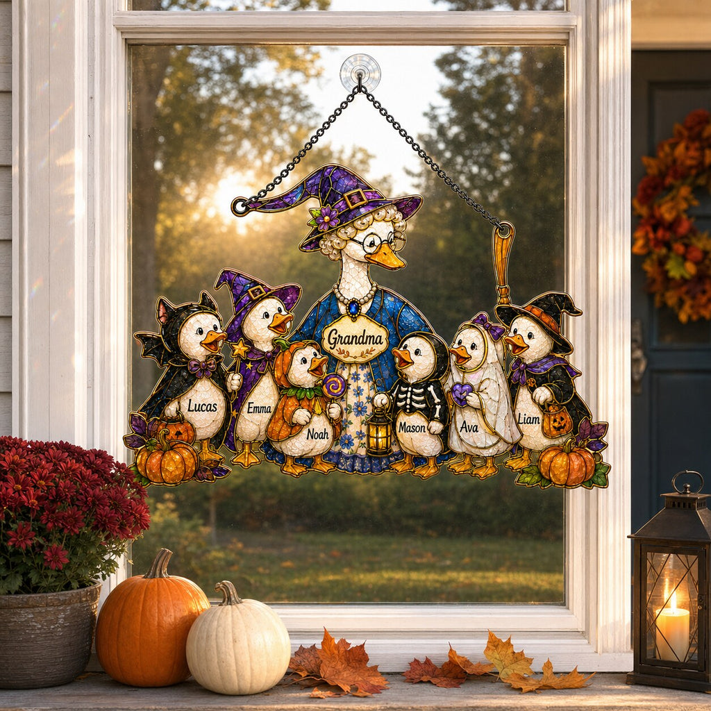 Personalized Grandma Goose & Grandkids Halloween Holographic Acrylic Suncatcher
