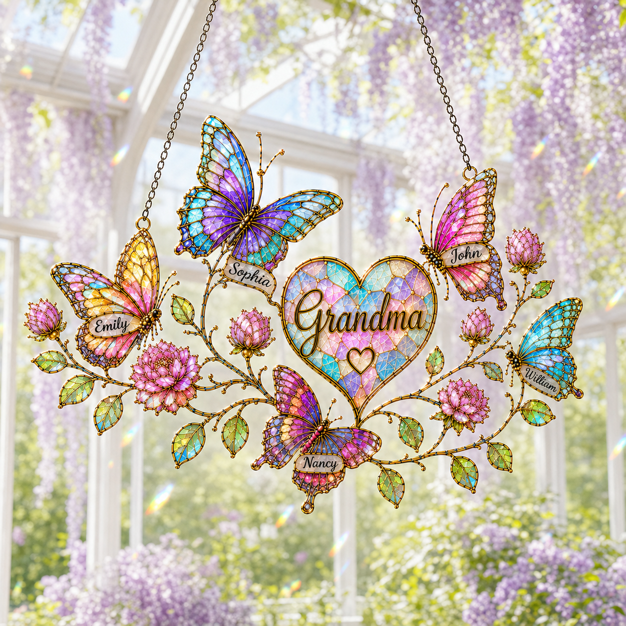 Personalized Grandma Butterfly & Heart Holographic Acrylic Suncatcher
