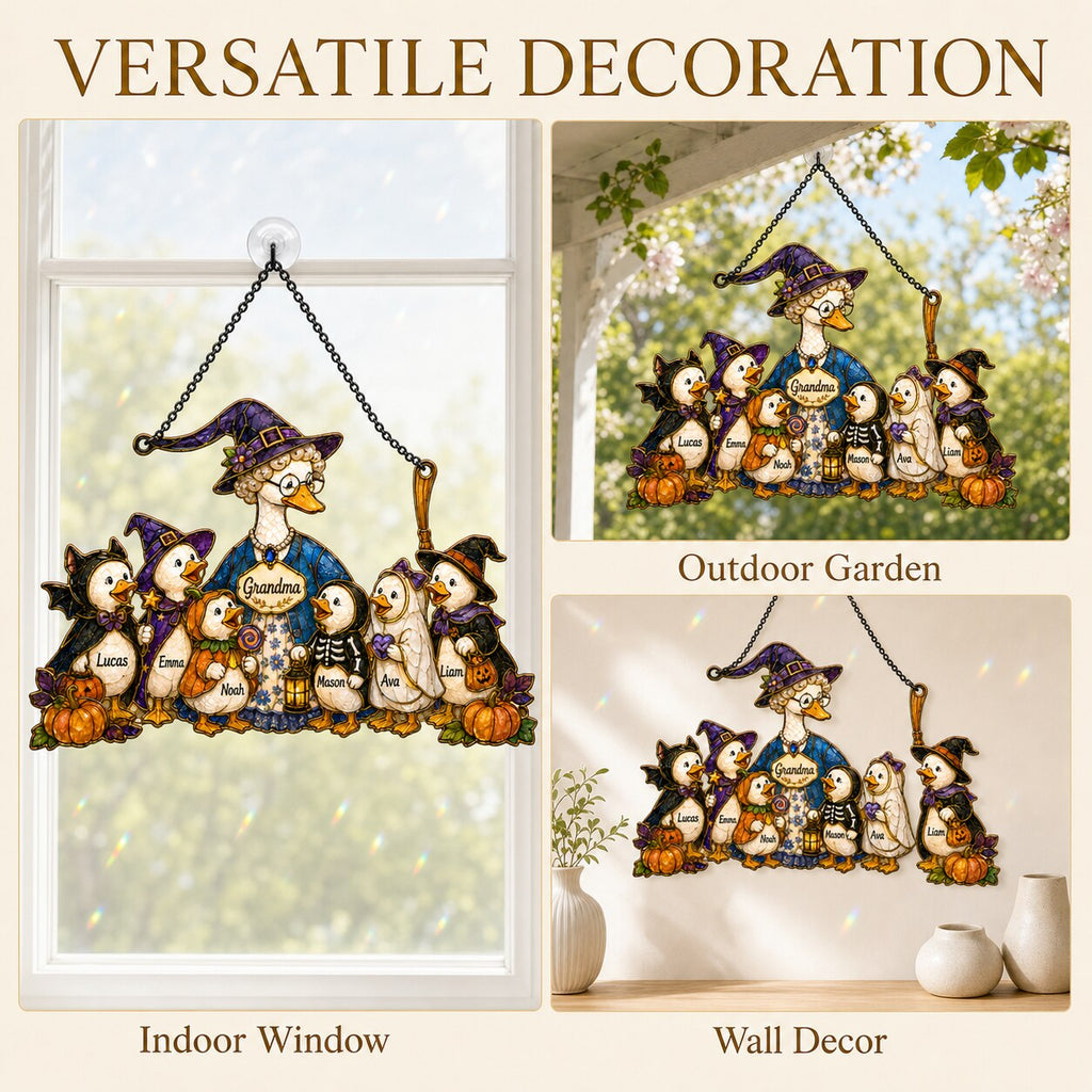 Personalized Grandma Goose & Grandkids Halloween Holographic Acrylic Suncatcher