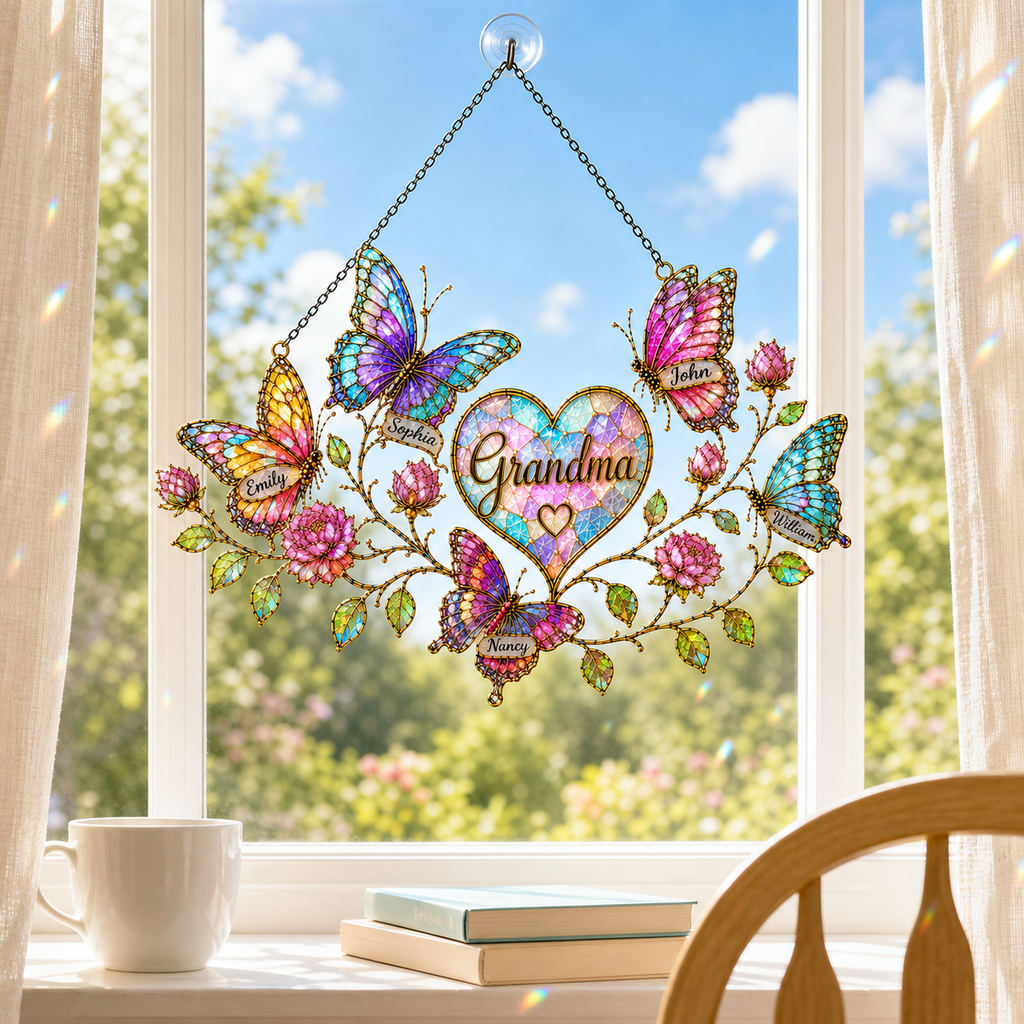 Personalized Grandma Butterfly & Heart Holographic Acrylic Suncatcher