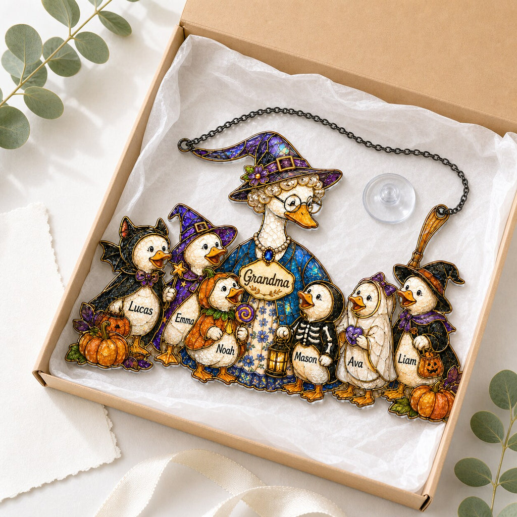Personalized Grandma Goose & Grandkids Halloween Holographic Acrylic Suncatcher