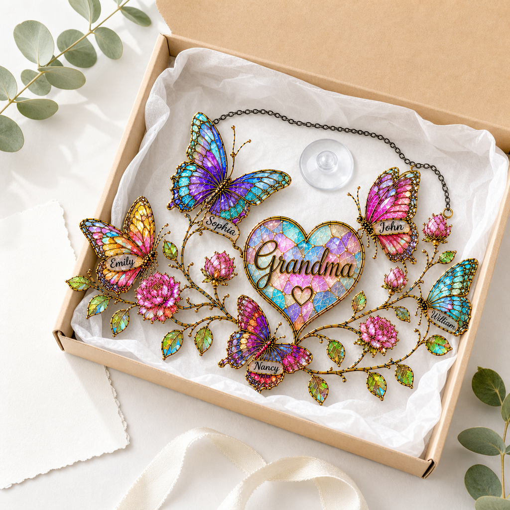 Personalized Grandma Butterfly & Heart Holographic Acrylic Suncatcher